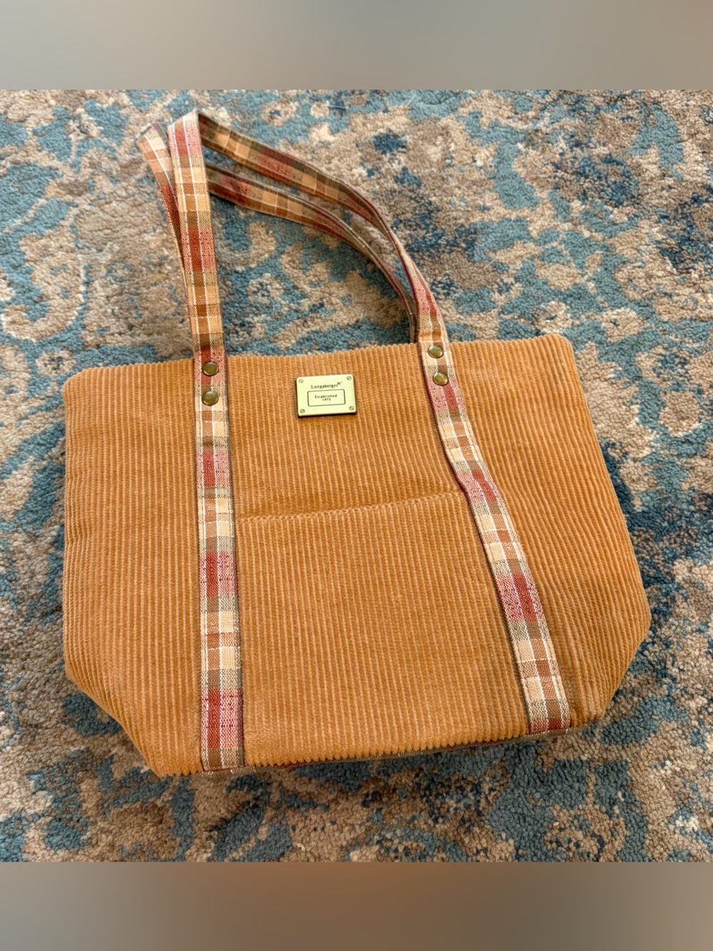 Longaberger Tan Corduroy with Plaid Straps